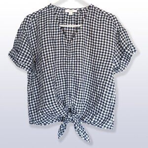 Charter Club 100% Linen Gingham Tie Waist Shirt Cuffed Short Sleeves Size M